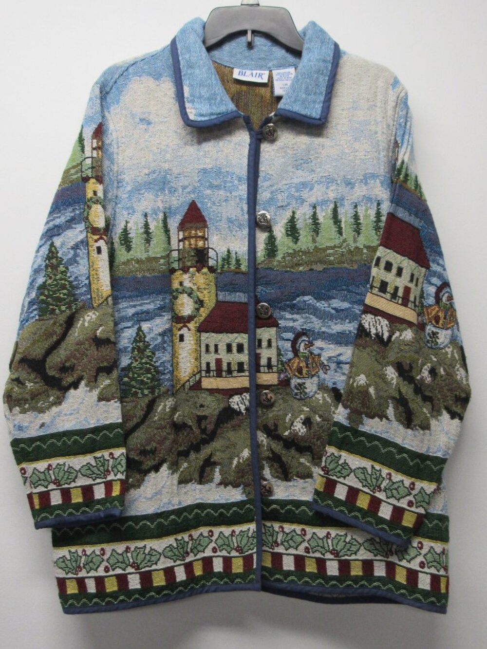 Vintage Blair Nautical Print Tapestry Jacket sz L Lighthouse Christmas Snowman